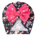 Marineblauwe baby tulband muts met bloemenprint en grote roze pailletten strik - Eén maat / Marineblauw + Rozerood