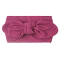 Detailed view of magenta nylon baby headband featuring a large soft knit bow knot - Deep Purple