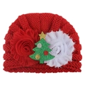 Red knit baby Christmas hat featuring large floral accents and a festive tree patch - Christmas Tree Style (Style D)