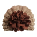 Detailed view of baby turban hat with large brown fabric flower and knit texture - Adjustable / Coffee