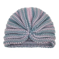 Gestrickte Baby-Turban-Mütze mit lila und graublauen Streifen und Knotendesign - Lila