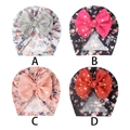 Infant turban hats with large mesh polka dot bows in four floral print patterns - One Size / Multicolor Mixed