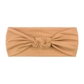 Elastic ribbed knit baby headband with a stylish knotted design in warm light brown color - Coffee