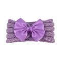 Detail of lavender knit baby headband featuring a matching satin ribbon bow on white background - Purple