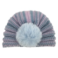 Detail of baby striped knit beanie with purple and blue patterns and a fluffy pom-pom - Purple