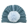 Detailed view of striped knit baby beanie featuring a large fluffy faux fur pom-pom topper - Blue