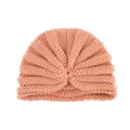 Solid soft knit baby beanie in dusty rose color with ribbed texture and central pleat - Coffee