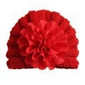 Red knit baby turban hat with large decorative floral mesh embellishment for infants - Adjustable / Red