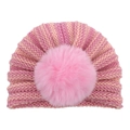 Pink and orange striped baby knit beanie hat with a large fluffy faux fur pompom - Pink