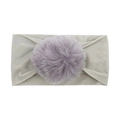 Soft elastic nylon baby headband with a large purple faux fur pom-pom in light grey - Gray