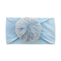 Light blue elastic nylon baby headband featuring a large soft fluffy pom-pom decoration - Blue