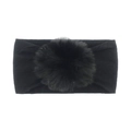 Elastic nylon baby headband with a large black faux fur pompom for toddlers - Black