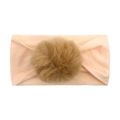 Elastic peach nylon baby headband with a large brown faux fur pom-pom detail - Flesh Pink