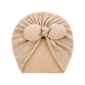 Detail of baby turban hat with a large bow in light brown soft knitted fabric - One Size / Coffee