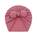 Detailed view of pink infant turban hat with a large soft decorative bow and rib knit texture - One Size / Dark Mauve
