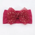 Dark rose red baby nylon headband with large sparkling mesh bow and gold glitter - Burgundy