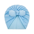 Close-up of soft light blue baby turban hat with large bow and pleated fabric detail - One Size / Dark Blue