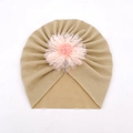 Khaki baby turban hat featuring a delicate pink mesh flower embellishment - One Size / Light Coffee