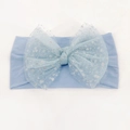 Soft light blue nylon baby headband featuring a large sparkling silver sequin mesh bow - Light Purple