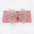 Pink elastic nylon headband for babies featuring a large double mesh bow with gold sequins - Dark Mauve