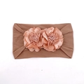 Elastic baby headband with two peach fabric flowers on a wide tan stretch band - Coffee