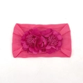 Pink elastic baby headband with two decorative fabric flowers for soft infant comfort - Rose Red