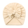 Baby girl cream white turban hat with large bow and cable knit texture pattern - Beige