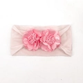 Pink elastic baby headband featuring two large soft fabric flowers for infant hair styling - Light Pink