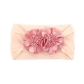 Elastic baby headband with double pink fabric flowers on soft light pink fabric - Flesh Pink