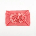 Elastic coral pink baby headband with dual fabric flower ornaments for infant hair styling - Watermelon red