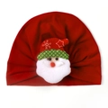 Red festive knit turban hat for babies featuring a cute 3D Santa Claus patch design - Red