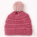 Pink knit baby beanie with a fluffy pom-pom and thick ribbed texture for winter warmth - Dark Mauve