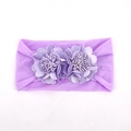 Elastic light purple baby headband with two large handmade layered fabric flowers - Purple