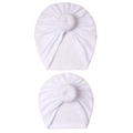 Close-up of two white baby turban hats with soft knit fabric and cute donut knot detail - White