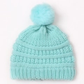 Knitted baby winter hat in light blue with a matching faux fur pom-pom detail - Mint Green