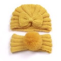 Yellow knit baby turban hat and headband set with bow and plush pom-pom detail - Yellow