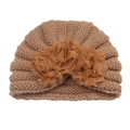 Close-up of brown knit baby turban hat with three decorative 3D mesh flowers - Coffee