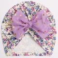 Baby Turban Mütze mit Blumenmuster, lila Chiffon Schleife und goldfarbenen Polka Dots - Lila Blumenmuster (A)