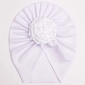 Detail of white ribbed baby turban with a large satin rose flower accessory - White