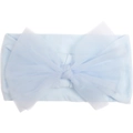 Detail eines hellblauen Baby-Stirnbands mit weicher Strickstruktur und Netzschleife - Blau