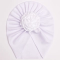 Infant ribbed white turban hat featuring a large layered satin flower decoration - White