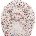 Baby tulband muts met bloemenprint, donut knoop en ribgebreide textuur in het wit - Crème Bloemen (A)