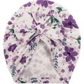 Baby girl white bow hat with purple floral print and soft ribbed texture fabric - White Purple Floral Pattern (E)