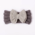 Winter baby knit headband with a large beige nylon bow on a dark grey ribbed base - Gray