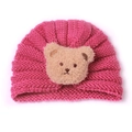 Pink knitted baby turban hat with a cute khaki plush bear patch for autumn and winter - Rose Red