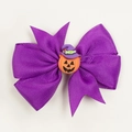 Detail of purple ribbed ribbon bow with wizard hat pumpkin for Halloween hair clip - Pumpkin Style / Purple