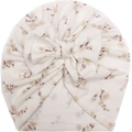 Floral print baby turban hat with oversized bow in cream ribbed knit fabric - Cream Vintage Floral Pattern (C)