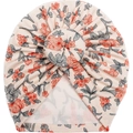 Roze baby tulband muts met bloemenprint, donut knoop en geribbelde elastische stof - Lichtroze Rood Bloemen (D)