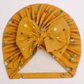 Bonnet turban bébé jaune moutarde avec imprimé fleuri et nœud en résille à pois dorés - Floral Gingembre (F)