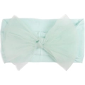Close-up of a soft mint green baby headband with a large layered tulle mesh bow detail - Mint Green
